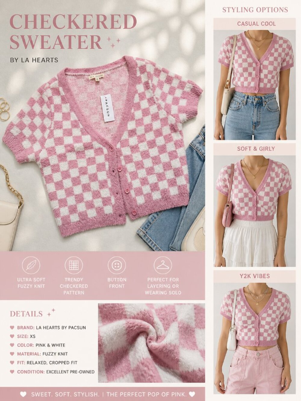 NWT Pacsun L.A. Hearts Checked Sweater Size S Soft & Stylish Pink/White Knit